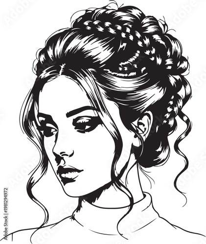 Elegant woman portrait, braided hairstyle, black and white illustration, vector art