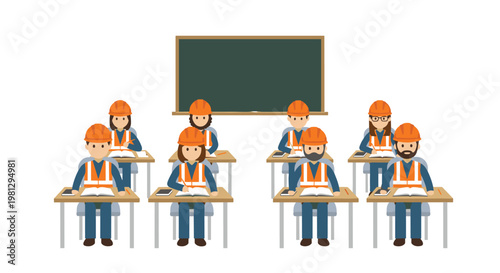 Eight construction workers wearing orange safety vests and hard hats sit at individual wooden desks facing a large green chalkboard in a clean classroom.