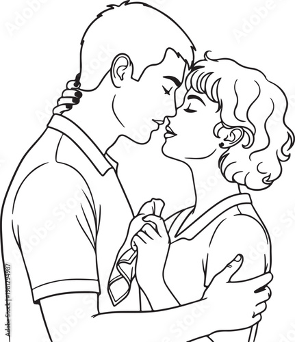 Romantic couple kissing, love illustration, vector art, black and white line drawing, affectionate embrace