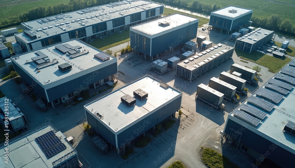 Obraz premium Large data center complex viewed from above. Rows of server buildings, modular units visible. Solar panels installed on roofs. Outdoor cooling units, backup power systems suggest high energy needs