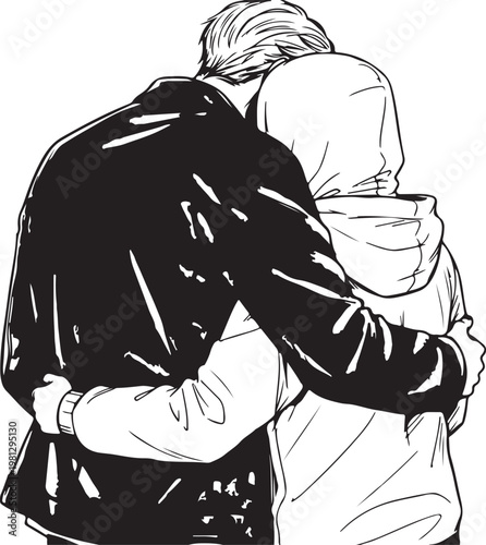 Vector illustration, black and white, couple hug, embracing lovers, romantic gesture, affectionate relationship