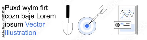 Business strategy, data analysis, target marketing, cryptocurrency trends, goal achievement, tech solutions. Includes chart, target with an arrow spade icon. Business strategy and data analysis