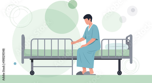 Patient in hospital gown sitting on hospital bed, recovery, medical care