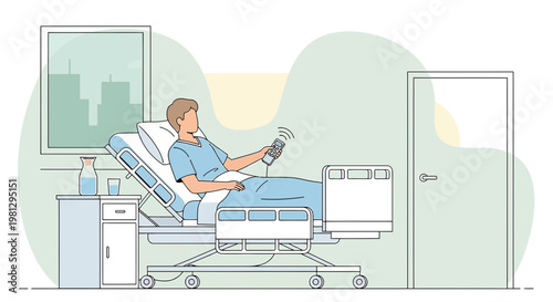 Patient in hospital bed with remote control, recovery room, modern healthcare concept