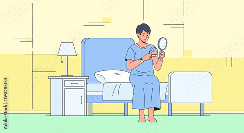 Patient in hospital gown looking in mirror, recovering after surgery