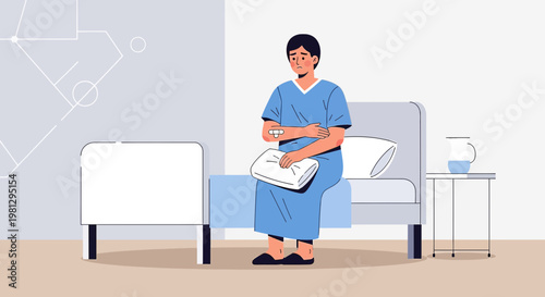 Patient in hospital gown sits on bed, holding pillow, recovery after surgery