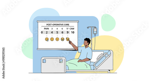 Patient rates post-operative pain on scale with doctor in hospital room