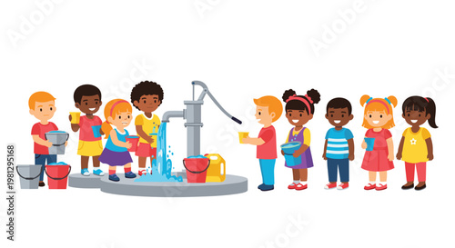 A diverse group of happy children wait in a long line to fill their colorful buckets with fresh water from a manual grey metal hand pump on a white background.