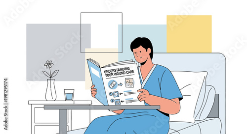 Patient Reading About Wound Care in Hospital Bed