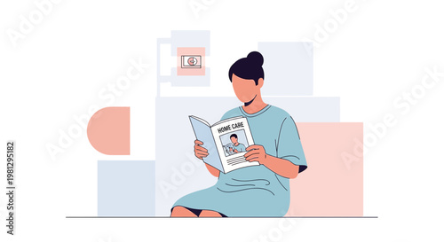 Patient reading home care magazine in waiting room, medical concept illustration