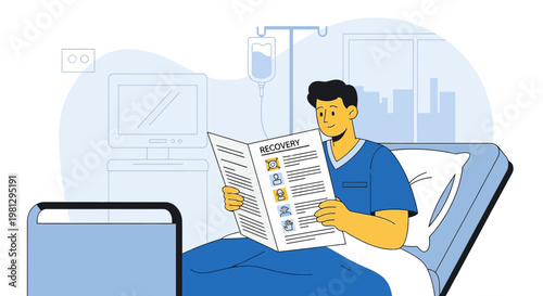Patient Reading Recovery Magazine in Hospital Bed with IV Drip