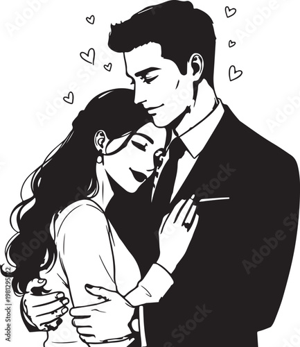 Romantic couple hug, loving embrace, black and white vector, valentine's day illustration, tender moment