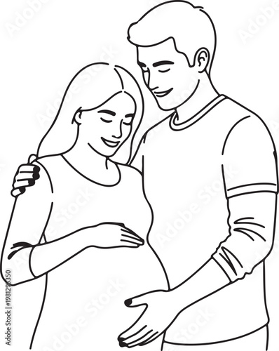 Pregnant couple, expecting parents, love, illustration, line art, black and white