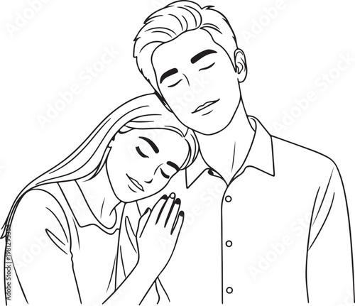 Vector illustration of a tender couple, romantic love, affectionate embrace, line art portrait