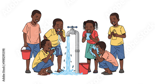 A group of joyful African children laugh and play while drinking fresh water and splashing their faces from a tall silver tap against a white background.