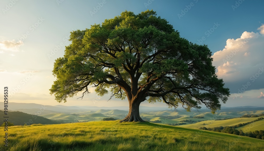 Obraz premium Large oak tree stands on grassy hill. Rolling green fields stretch to horizon under blue sky with clouds. Warm sunlight illuminates serene landscape. Nature beauty.