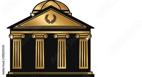Elegant golden edifice representation with laurel wreath and classical architectural design