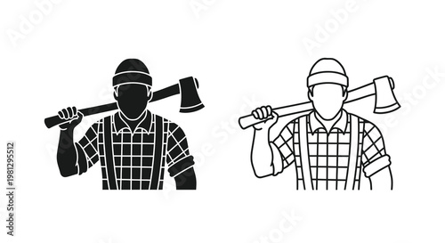 Lumberjack icon set in black and white depicting a worker with an axe
