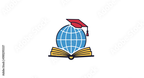 Global education symbol featuring graduation cap, globe, and open book, study anywhere