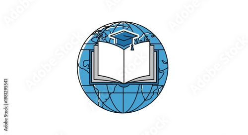 Global Education Symbol: An Open Book, Graduation Cap, and World Globe Visual Concept