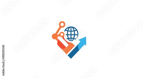 Global network connectivity icon depicting data transfer and upward trends with an arrow and globe
