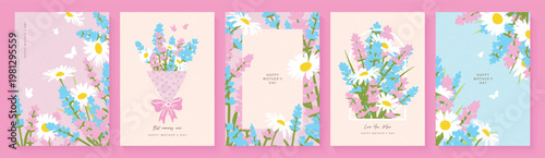 Set of Mother's Day card templates in soft pastel flat style with spring wildflowers, daisies and lavender. Collection with delicate bouquets. Elegant layouts for greetings, invitations, print
