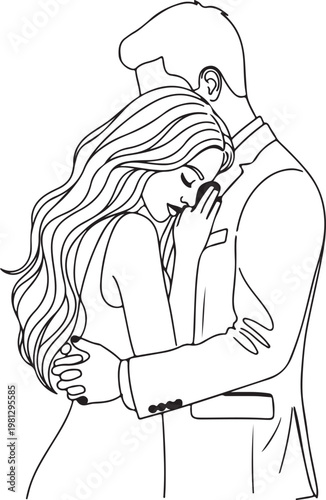 Romantic couple hug, loving embrace, tender moment, line art illustration, black and white
