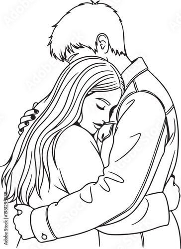 Romantic couple hug, loving embrace, tender moment, black and white vector illustration