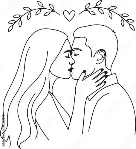 Romantic couple kissing, love illustration, minimalist line art, valentine's day vector, affectionate people