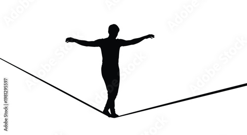 Vector illustration of a man balancing on a slackline, demonstrating skill, challenge, and careful execution.