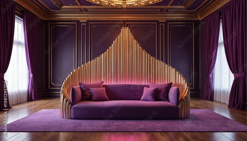 Fototapeta premium Luxurious purple velvet sofa with gold accents in an opulent room. The room features deep purple walls, gold trim, velvet curtains, and a modern gold fan-shaped backdrop.