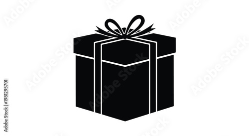 A simple black and white illustration of a gift box with a bow