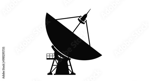 Silhouetted radio telescope against a stark white background