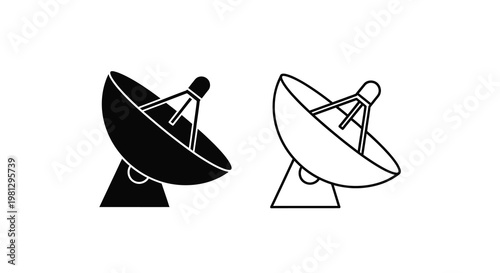 Two satellite dishes depicted in black and white showcasing different fills