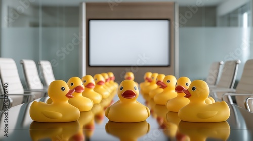 Surreal corporate scene of identical rubber ducks seated in a meeting room facing a presentation, blending absurd humor with business seriousness.