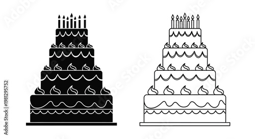Two tiered birthday cakes with candles a black and a white version