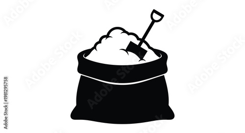 A black silhouette of a sandbag with a small shovel sticking out
