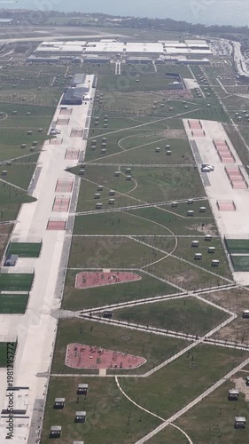 Aerial view of private jets at the airport. Drone footage of planes parked at the airport, Istanbul, Turkey.