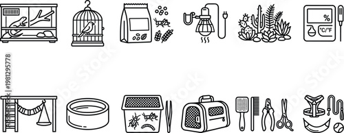 A collection of black and white line drawings depicting various pet care items and accessories