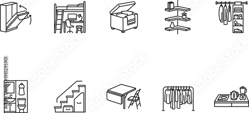 A collection of various furniture and household items in a simple line drawing style