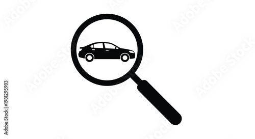 A black magnifying glass focuses on a silhouette of a sedan car