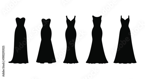 Silhouette collection of five elegant evening gowns in black