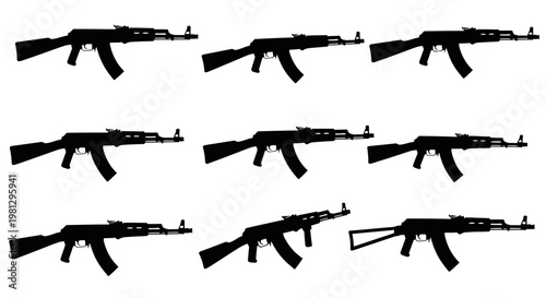 Collection of black silhouette ak 47 assault rifles against a white background