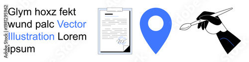 Business operations, location services, artistry, creativity, navigation, digital design. A document, a blue location pin and a hand holding a paintbrush. Business operations and artistry