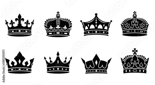 Collection of ornate black crowns and royal headgear illustrations