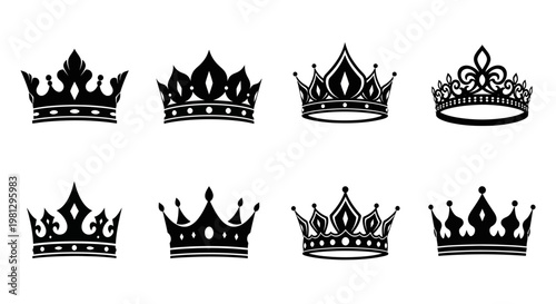 Collection of ornate black crowns in various royal designs and styles