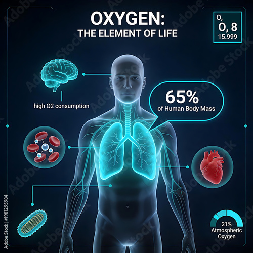 Oxygen Element Infographic: Biological Importance in Human Body and Atmospheric Composition, 3D Medical Illustration
