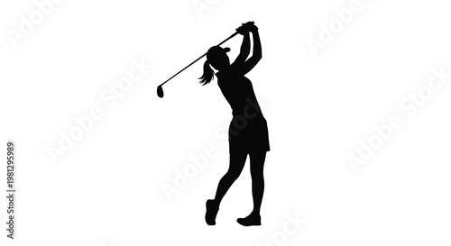 Silhouette of a woman swinging a golf club against a white background