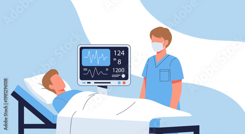 Patient in Hospital Bed Monitored by Nurse with Vital Signs Display