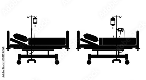 Two hospital beds in different positions shown as black silhouettes